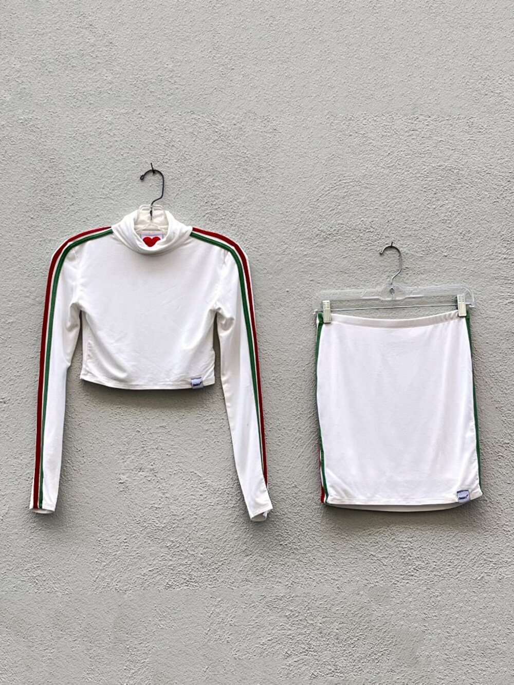 Womens O-Mighty White Turtleneck + Mini Skirt Set with Red & Green Stripes Small